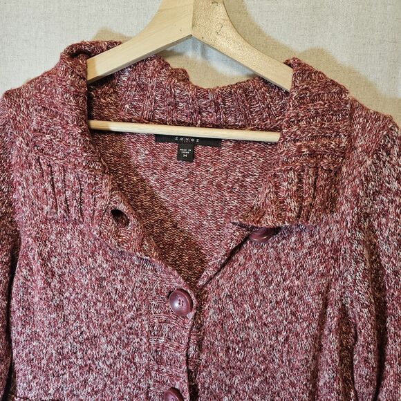 Long Fever Women's Medium Sweater Coat Cardigan Knit Red Burgundy Bell Sleeve - Picture 2 of 9